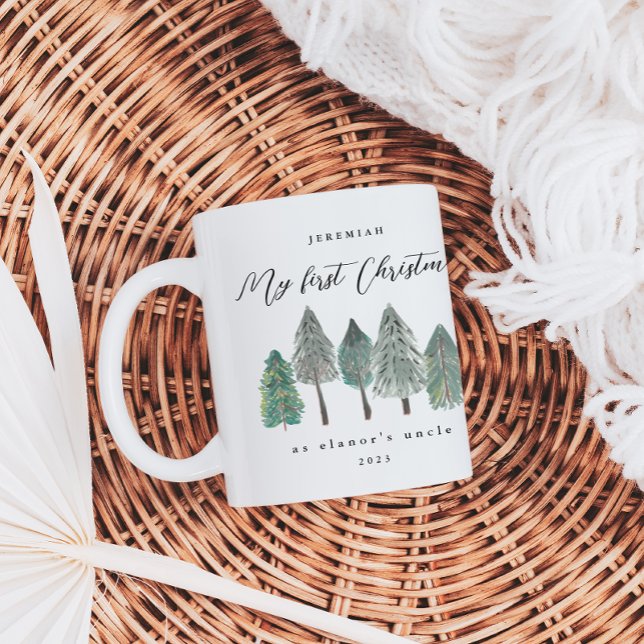 Caneca De Café Meu Primeiro Natal como Tio Photo Pine Trees (Criador carregado)