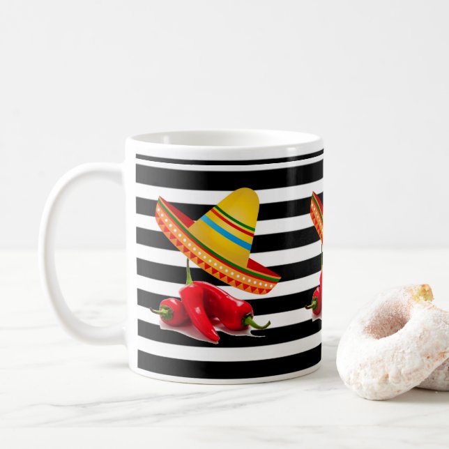 Caneca De Café Mexicano Sombrero Black White Stripe Mug (Com Donut)