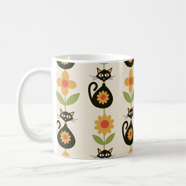 Caneca De Café Mid Century Atomic Cats with Retro Orange flowers  (Esquerda)