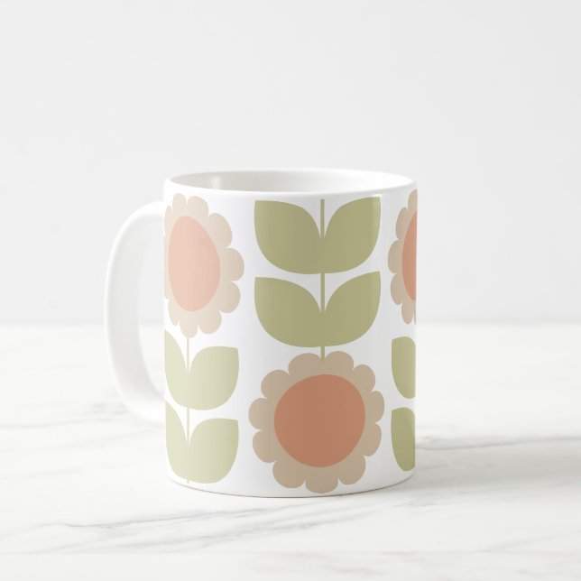 Caneca De Café  Mid-Century Pastel Pink Retro Floral Pattern (Frente Esquerda)