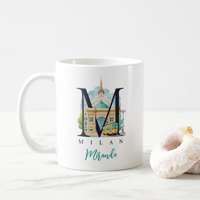 Caneca De Café Milan Italy Monogram Letter M Personalized Gift (Com Donut)