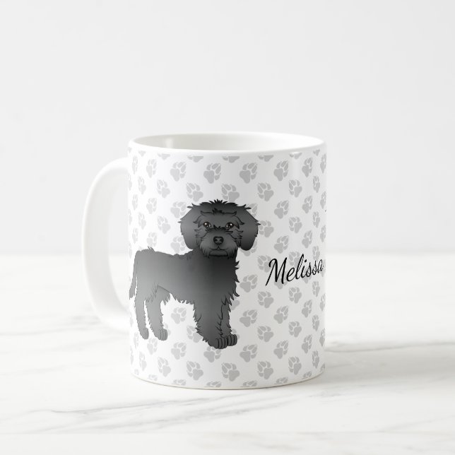 Caneca De Café Mini Goldendoodle Negro Cão e Nome (Frente Esquerda)