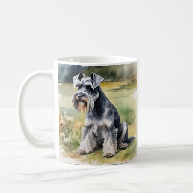 Caneca De Café Miniatura Schnauzer no jardim - Aquarela (Esquerda)