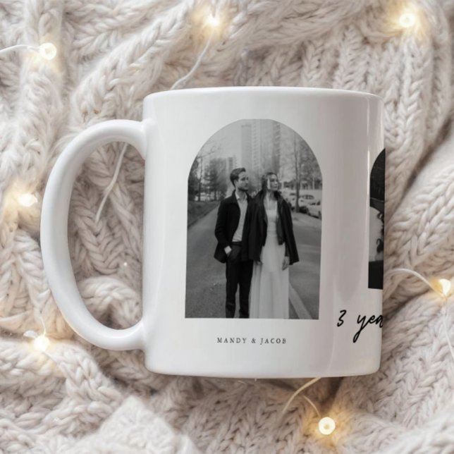 Caneca De Café Minimal 3-Year Anniversary 3 Couple Photos Arch (Criador carregado)