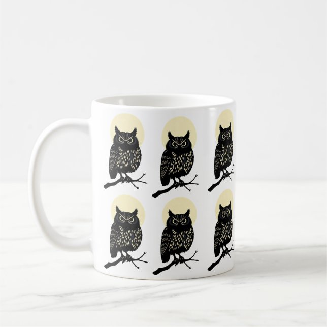 Caneca De Café Minimal Owl Mug Black And White Forest Animal Moon (Esquerda)