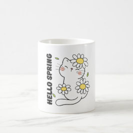 Caneca De Café Minimalist Aesthetic Hello Spring Cat & Daisy 