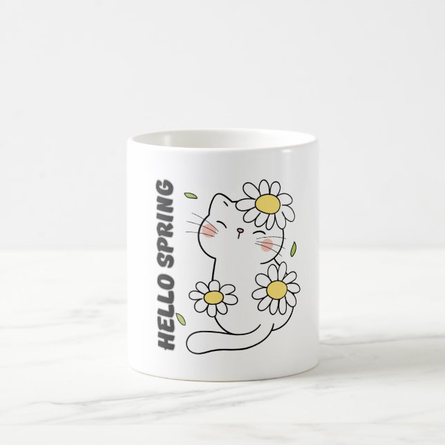 Caneca De Café Minimalist Aesthetic Hello Spring Cat & Daisy  (Centro)