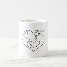Caneca De Café Minimalist Dog and Cat Heart - One Line Art Design