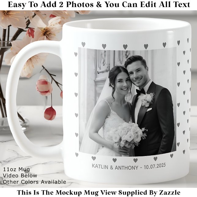 Caneca De Café Minimalist Gray Hearts Custom Wedding Two Photos (Criador carregado)