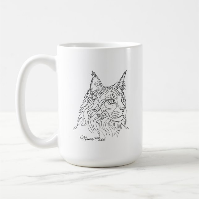 Caneca De Café Minimalist Maine Coon Line Drawing Custom Pet Name (Esquerda)
