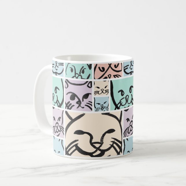 Caneca De Café Minimalist Pastel Cat Faces (Frente Esquerda)