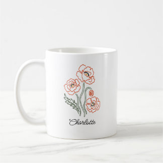 Caneca De Café Minimalist Red Poppy Line Art Custom Name Mug