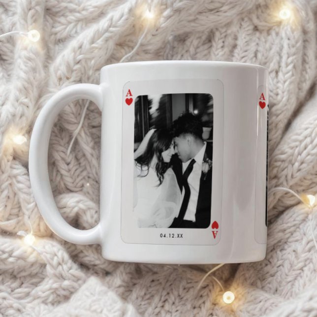 Caneca De Café Minimalistic Ace of Hearts Couple 3-Photos Custom (Criador carregado)