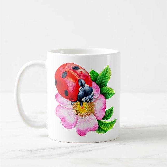 Caneca De Café Mínimo Botânico De Aquarela Ladybug Flor Mug (Esquerda)