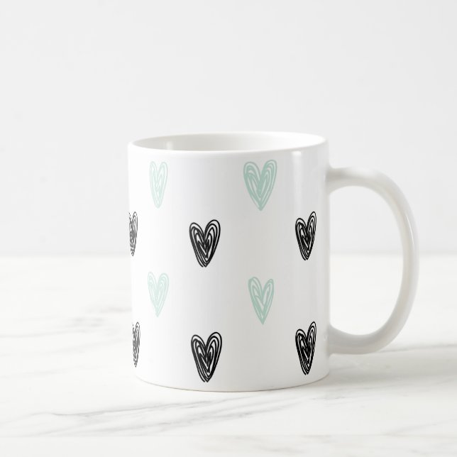 Caneca De Café Mint & Black Hearts Doodles Pattern Girly Mug (Direita)