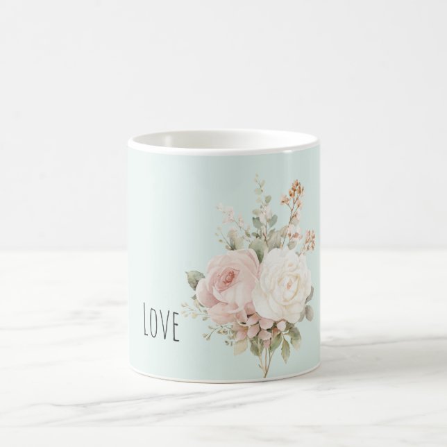 Caneca De Café Mint Blush Pink White Roses Floral (Centro)