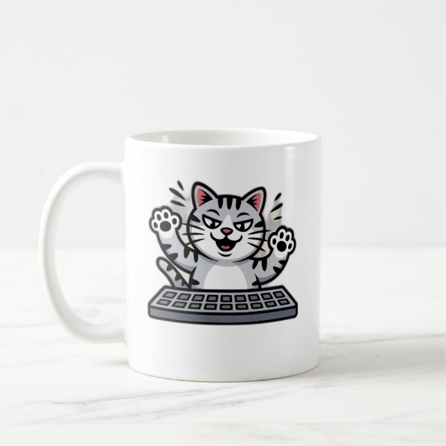 Caneca De Café Mischievous Cartoon Cat at Keyboard (Esquerda)