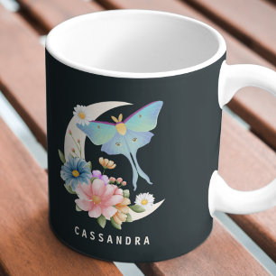 Caneca De Café Mística Mariposa Luna Floral Lua Nome Personalizad