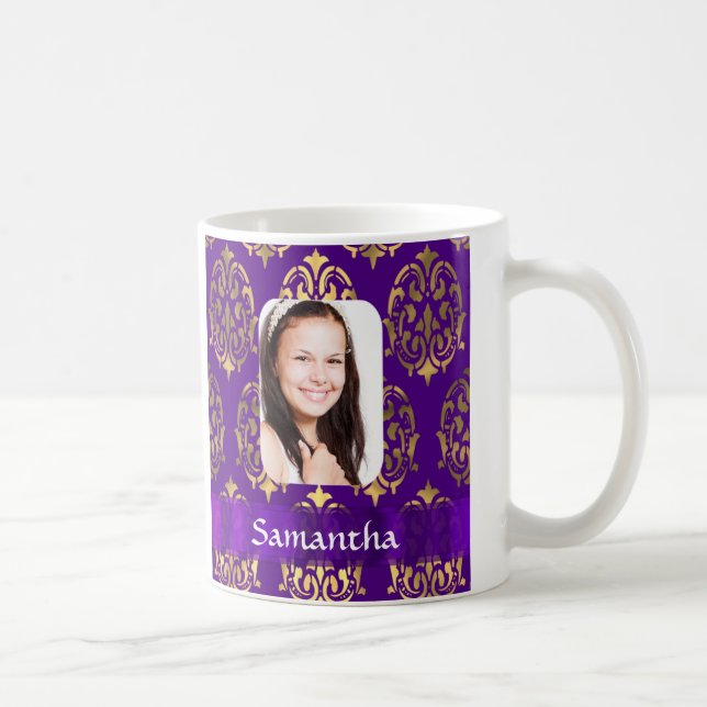 Caneca De Café Modelo de foto de damasco roxo e dourado (Direita)