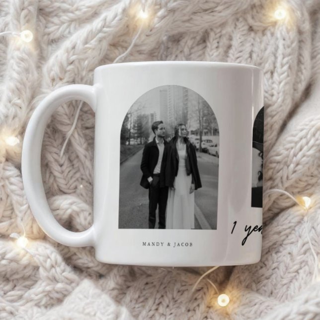Caneca De Café Modern 1st Anniversary Couple 3-Photo Arch (Criador carregado)