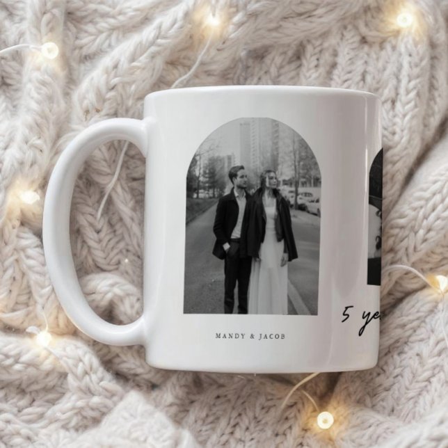 Caneca De Café Modern 5 Year Anniversary 3-Photo Wedding Couple (Criador carregado)