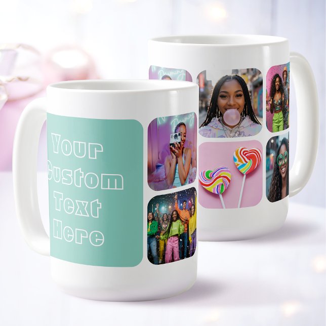 Caneca De Café Modern 6 Custom Photo Text Besties Retro Green (Criador carregado)