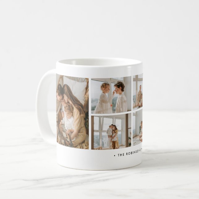 Caneca De Café Modern 6-Photo Collage Custom Family Name (Frente Esquerda)