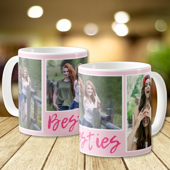 Caneca De Café Modern Besties Typography 3 Photo Collage Pink (Criador carregado)