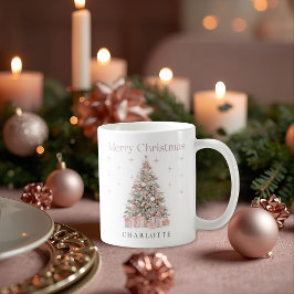 Caneca De Café Modern Blush Christmas Tree – Personalized Holiday