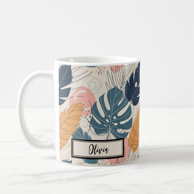 Caneca De Café Modern Boho Tropical Leaves Abstrato (Esquerda)