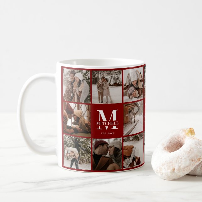 Caneca De Café Modern Burgundy Multi Photo Collage Keepsaket (Com Donut)