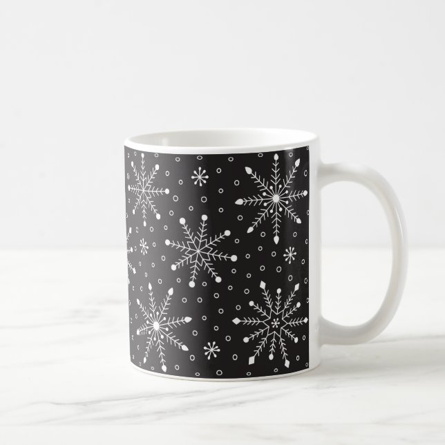 Caneca De Café Modern Christmas White Snowflake & Black night sky (Direita)