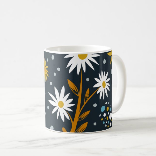 Caneca De Café Modern Daisies Pattern on Dark Blue (Frente Esquerda)
