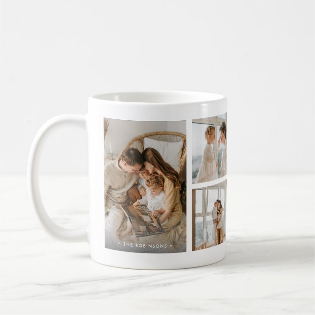 Caneca De Café Modern Family Name 6-Photo Collage Custom (Esquerda)