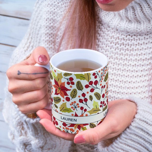 Caneca De Café Modern Festive Red Orange Poinsettia Folk Pattern (Criador carregado)
