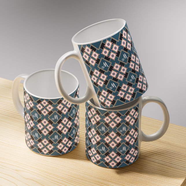 Caneca De Café Modern Geometric Floral Monogram Flower Pattern (Criador carregado)