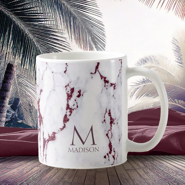 Caneca De Café Modern Marble Glitter Monograma Burgundy ID816 (Criador carregado)