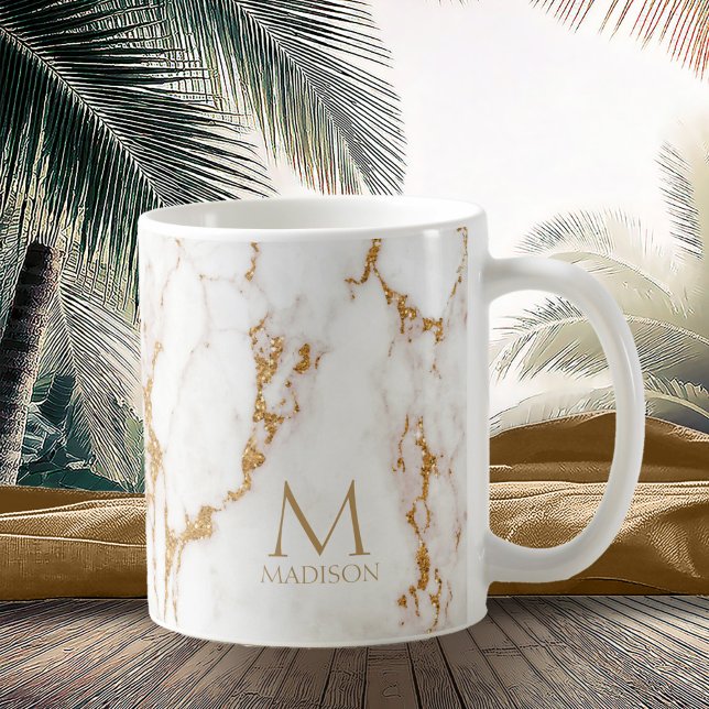 Caneca De Café Modern Marble Glitter Monograma Dourado ID816 (Criador carregado)