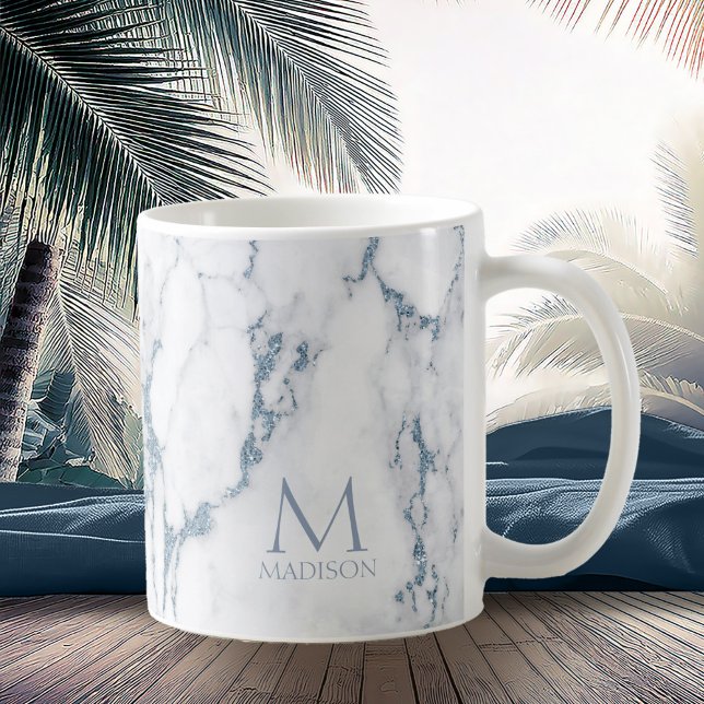 Caneca De Café Modern Marble Glitter Monograma Dusty Blue ID816 (Criador carregado)
