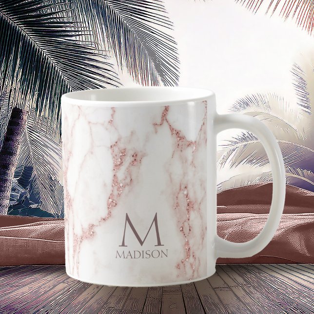 Caneca De Café Modern Marble Glitter Monograma Rosa Dourado ID816 (Criador carregado)
