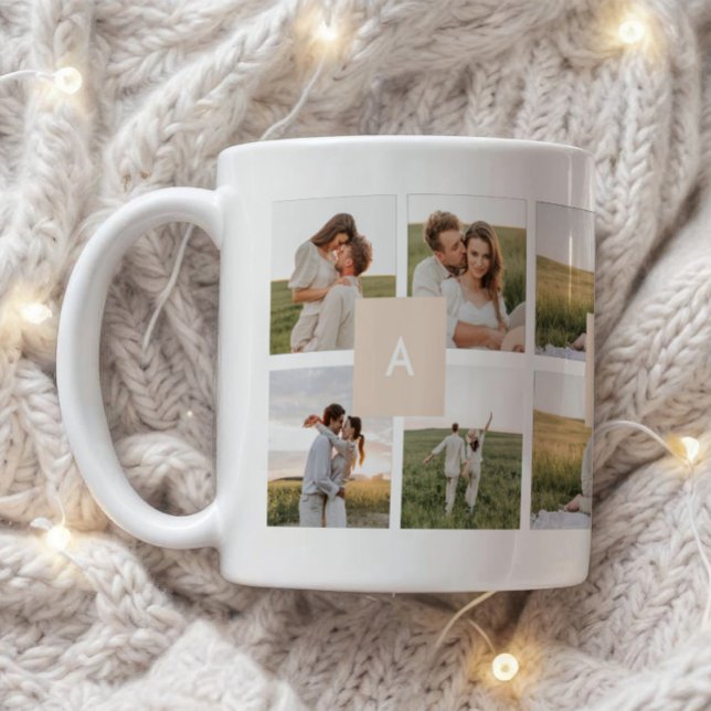 Caneca De Café Modern Minimal 10-Photo Collage Couple Initials (Criador carregado)
