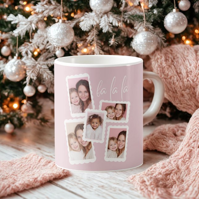 Caneca De Café Modern Pink “Fa La La” Multi Photo Christmas  (Criador carregado)