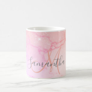 Caneca De Café Modern Pink Marble & Glitter Sparkles  Name