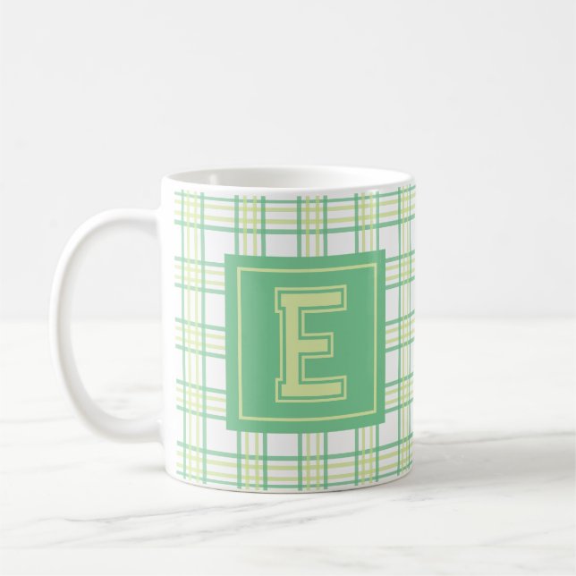 Caneca De Café Modern Preppy Plaid Green Lime Varsity Monogram (Esquerda)
