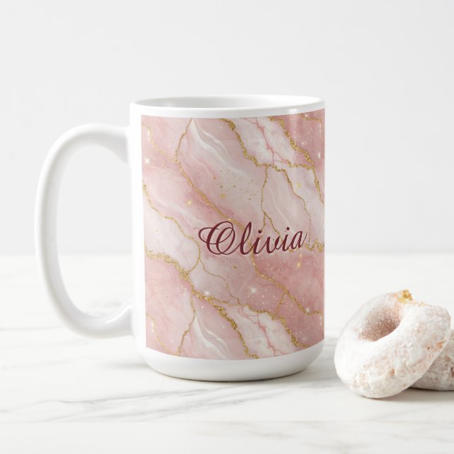 Caneca De Café Modern Rose Quartz Marble Gold Glitter (Com Donut)