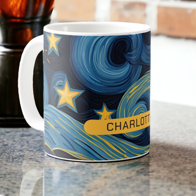 Caneca De Café Modern Starry Night Sunflower Personed Name (Modern Starry Night Sunflower Personalized Name Coffee Mug from Ricaso. A fun Van Gogh mash up art)