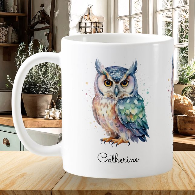 Caneca De Café Modern Watercolor Owl Custom Name (A personalized offee mug with owl illustration in a watercolor style)