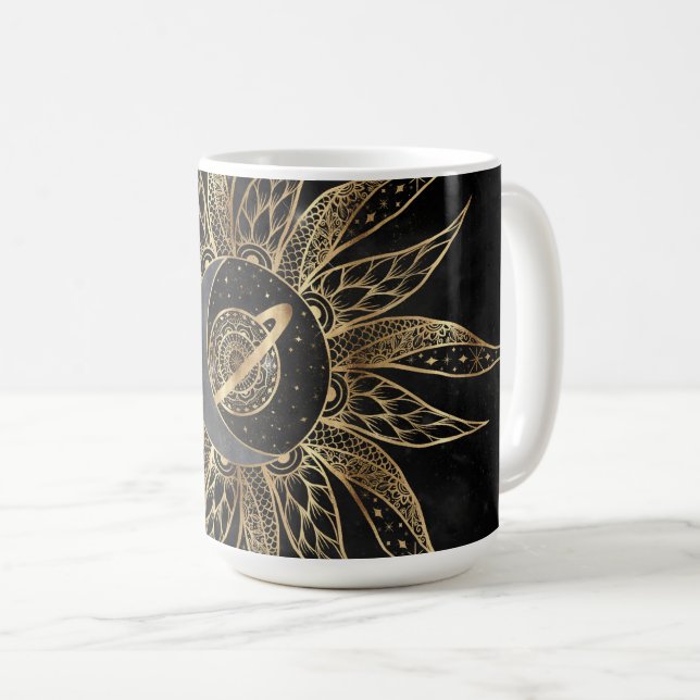 Caneca De Café Moderno Dourado Planeta da Lua Solar Mandala (Frente Esquerda)