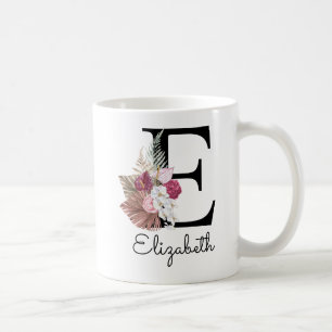 Caneca De Café Moderno Floral Boho Rosa Inicial E