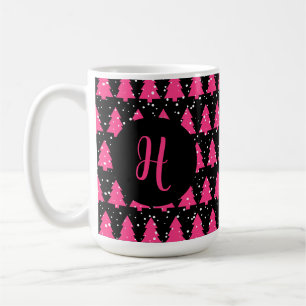 Caneca De Café Moderno Fúcsia e Árvore Negra de Natal Monograma C